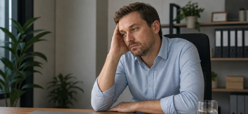 Уставший сотрудник в офисе после напряженного рабочего дня